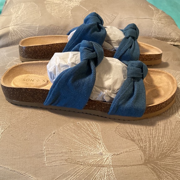 Sun + Stone Denim Sandals 8M women’s slides “Astridd” Denim - Picture 4 of 11